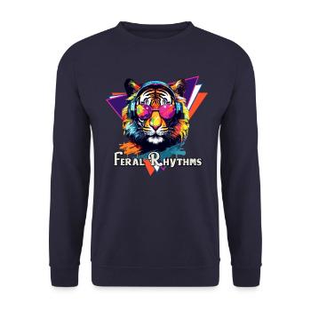 Tiger in Kopfhörern und Brillen im Pop-Art-Stil - Unisex Pullover - Navy - Vorne - Alina (178cm) & Michal (187cm)