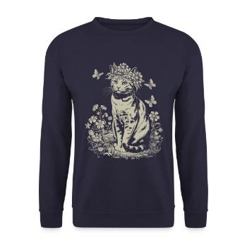 Katzenzauber und Schmetterlinge: Cottagecore Kunst - Unisex Pullover - Navy - Vorne - Alina (178cm) & Michal (187cm)