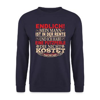 Mein Mann ist in der Rente: Putzperle-Rentner - Unisex Pullover - Navy - Vorne - Alina (178cm) & Michal (187cm)
