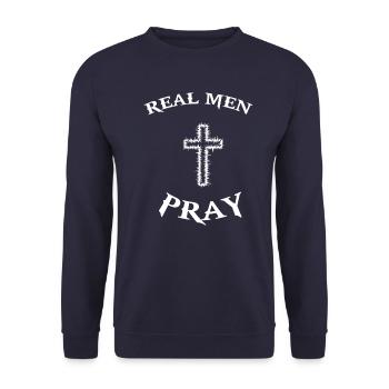 Kreuz Jesus Christus Beten Religion Spruch Messias - Unisex Pullover - Navy - Vorne - Alina (178cm) & Michal (187cm)