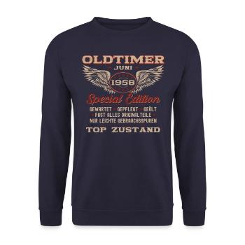 Oldtimer Juni 1958 Jahrgang 1958 66. Geburtstag 58 - Unisex Pullover - Navy - Vorne - Alina (178cm) & Michal (187cm)
