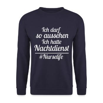 Nachtdienst Nachtschicht Nurse spruch - Unisex Pullover - Navy - Vorne - Alina (178cm) & Michal (187cm)