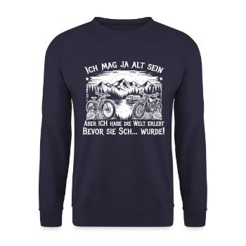 Ich mag alt sein, aber ich habe die Welt erlebt... - Unisex Pullover - Navy - Vorne - Alina (178cm) & Michal (187cm)
