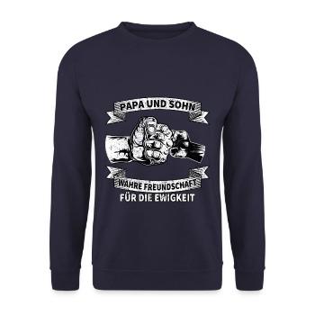 Stolzer Papa Tochter Vater Sohn Outfit Spruch - Unisex Pullover - Navy - Vorne - Alina (178cm) & Michal (187cm)