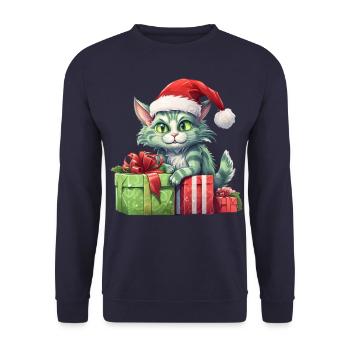 Katze Weihnachten Weihnachtselfe Geschenke Mütze - Unisex Pullover - Navy - Vorne - Alina (178cm) & Michal (187cm)