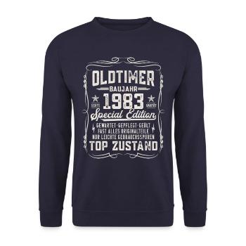 Oldtimer Baujahr 1983 Jahrgang Geburtstag Geschenk - Unisex Pullover - Navy - Vorne - Alina (178cm) & Michal (187cm)