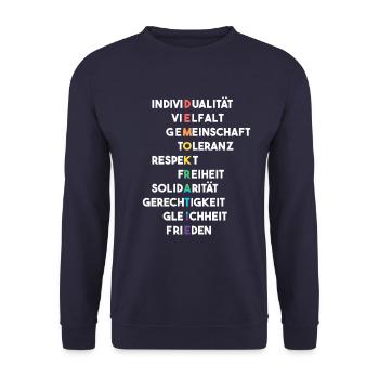 Demokratie LGBTQ Sprüche Vielfalt Wahl 2025 - Unisex Pullover - Navy - Vorne - Alina (178cm) & Michal (187cm)