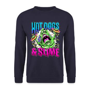 Ghostbusters Hot Dogs And Slimer - Unisex Pullover - Navy - Vorne - Alina (178cm) & Michal (187cm)