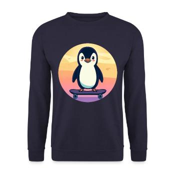süßer Pinguin auf Skateboard beim Sonnenuntergang - Unisex Pullover - Navy - Vorne - Alina (178cm) & Michal (187cm)