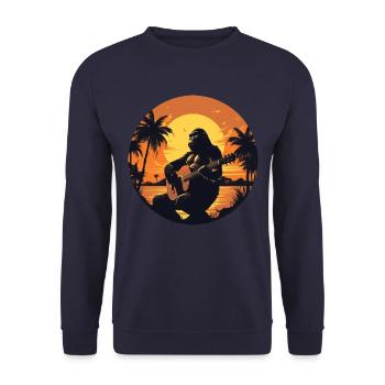 Gorilla mit Akustikgitarre im Sonnenuntergang - Unisex Pullover - Navy - Vorne - Alina (178cm) & Michal (187cm)
