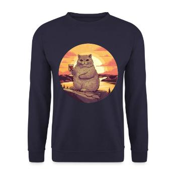 Fette Katze mit Rotweinglas, Humorvolles - Unisex Pullover - Navy - Vorne - Alina (178cm) & Michal (187cm)