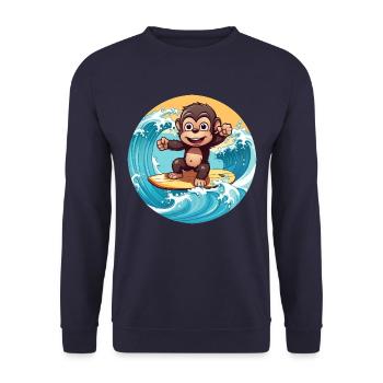 Surfender Schimpanse, Sportliches Tierdesign - Unisex Pullover - Navy - Vorne - Alina (178cm) & Michal (187cm)