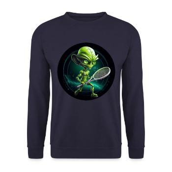 Cool Green Alien Tennis Player: Unique - Unisex Sweatshirt - navy - Front - Alina (178cm) & Michal (187cm)