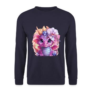 Cartoon Kawaii Drache mit schönen Orchideen - Unisex Pullover - Navy - Vorne - Alina (178cm) & Michal (187cm)
