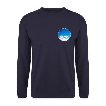Origami Papierflieger dreht im Himmel seine Runden - Unisex Pullover - Navy - Vorne - Alina (178cm) & Michal (187cm)