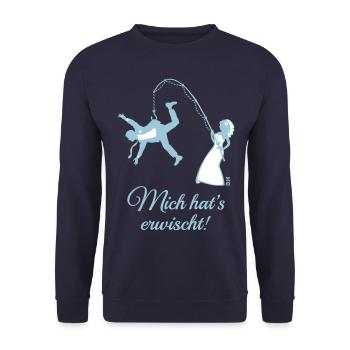 Mich Hat’s Erwischt! (Bräutigam, Angel, JGA, 2C) - Unisex Pullover - Navy - Vorne - Alina (178cm) & Michal (187cm)