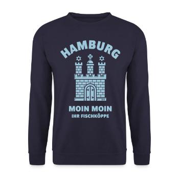 Hamburg – Moin Moin Ihr Fischköppe (Plattdeutsch) - Unisex Pullover - Navy - Vorne - Alina (178cm) & Michal (187cm)