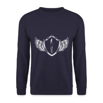 Messer Icon Wappen - Unisex Pullover - Navy - Vorne - Alina (178cm) & Michal (187cm)