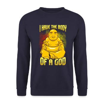 Ich habe den Körper eines Gottes Funny Papa Körper-Design für - Unisex Pullover - Navy - Vorne - Alina (178cm) & Michal (187cm)