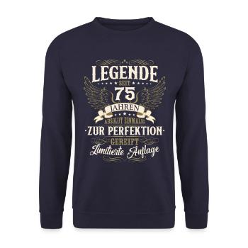 75. Geburtstag Legende Geburtstagsspruch 75 Jahre - Unisex Pullover - Navy - Vorne - Alina (178cm) & Michal (187cm)