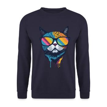 Stylish Rainbow Sunglasses Cat – Cool Feline - Unisex Sweatshirt - navy - Front - Alina (178cm) & Michal (187cm)