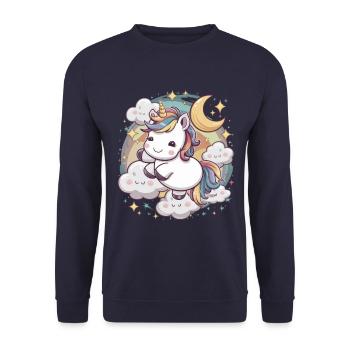 Kawaii Einhorn mit Wolken, Mond und Sternen - Unisex Pullover - Navy - Vorne - Alina (178cm) & Michal (187cm)