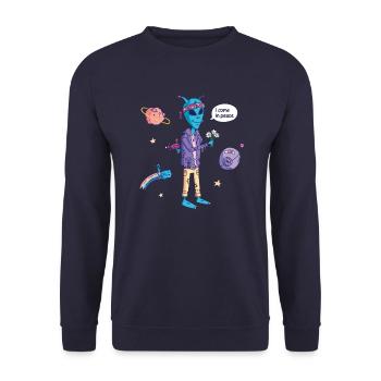 Ich komme in Frieden Hippie Alien - Unisex Pullover - Navy - Vorne - Alina (178cm) & Michal (187cm)