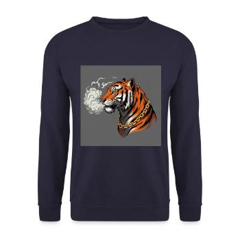 Rauchender Tiger mit Goldkette - Comic Vibes - Unisex Pullover - Navy - Vorne - Alina (178cm) & Michal (187cm)