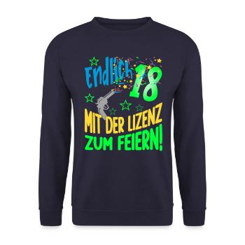 Endlich 18 mit der Lizenz zum Feiern - Unisex Pullover - Navy - Vorne - Alina (178cm) & Michal (187cm)