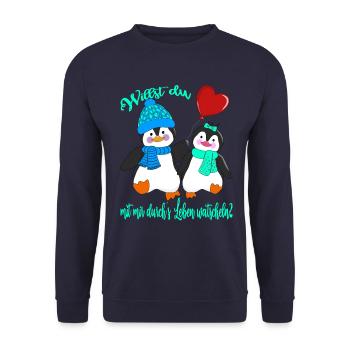 Verliebte Pinguine Valentinstag Heiratsantrag - Unisex Pullover - Navy - Vorne - Alina (178cm) & Michal (187cm)