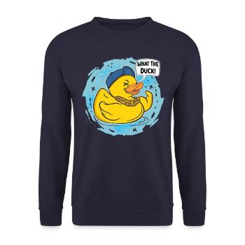 What The Duck? Coole Hip Hopper Gummiente - Unisex Pullover - Navy - Vorne - Alina (178cm) & Michal (187cm)
