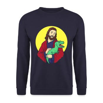Jesus mit Dino im Arm - T-Rex und Christus - Unisex Pullover - Navy - Vorne - Alina (178cm) & Michal (187cm)