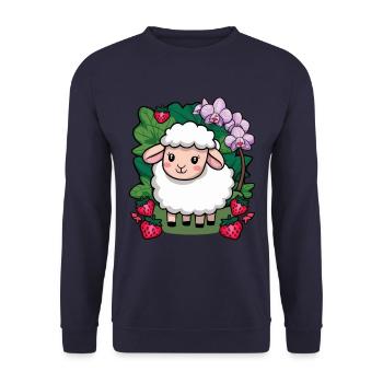 Cute Kawaii Sheep with Strawberries & Orchids - Unisex Sweatshirt - navy - Front - Alina (178cm) & Michal (187cm)