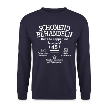 Schonend Behandeln Der alte Lappen ist 45 Jahre - Unisex Pullover - Navy - Vorne - Alina (178cm) & Michal (187cm)