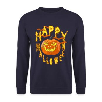 Happy Halloween mit Bösen Kürbis - Unisex Pullover - Navy - Vorne - Alina (178cm) & Michal (187cm)