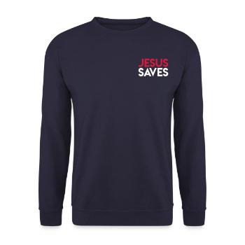 Jesus rettet - Unisex Pullover - Navy - Vorne - Alina (178cm) & Michal (187cm)
