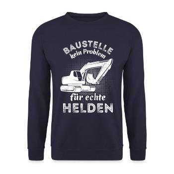 Baustelle - kein Problem für echte Helden - Bagger - Unisex Pullover - Navy - Vorne - Alina (178cm) & Michal (187cm)