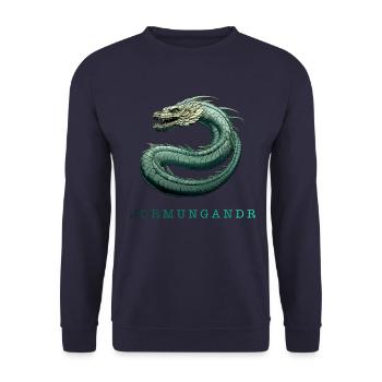 Die Midgardschlange „Jormungandr“ mit Schrift - Unisex Pullover - Navy - Vorne - Alina (178cm) & Michal (187cm)