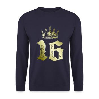 16 Zahl Krone - Unisex Pullover - Navy - Vorne - Alina (178cm) & Michal (187cm)