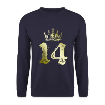 14 Zahl Krone - Unisex Pullover - Navy - Vorne - Alina (178cm) & Michal (187cm)