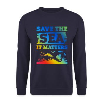 save the ocean spruch - Unisex Pullover - Navy - Vorne - Alina (178cm) & Michal (187cm)