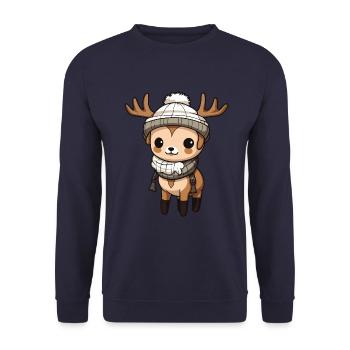 Reh Geweih Winter Tier Niedlich Comic - Unisex Pullover - Navy - Vorne - Alina (178cm) & Michal (187cm)