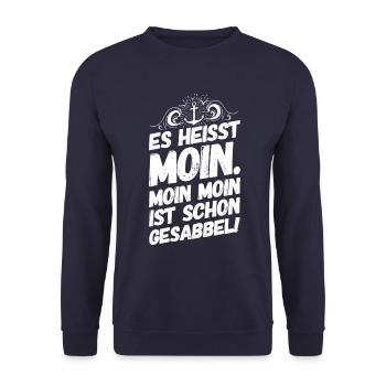 Plattdeutsch Spruch Sprüche Norddeutschland Moin - Unisex Pullover - Navy - Vorne - Alina (178cm) & Michal (187cm)