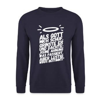 Lustige Sprüche Gott Mich Schuf - Unisex Pullover - Navy - Vorne - Alina (178cm) & Michal (187cm)