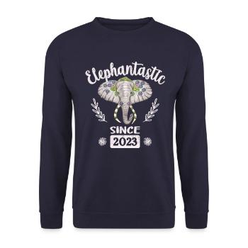 Elephantastic since 2023, Elefantenkopf geschmückt - Unisex Pullover - Navy - Vorne - Alina (178cm) & Michal (187cm)