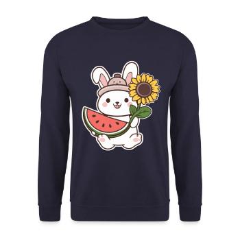 Kawaii Hase mit Sonnenblume und Wassermelone - Unisex Pullover - Navy - Vorne - Alina (178cm) & Michal (187cm)