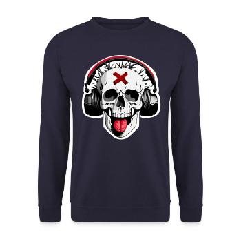 03 Lustiger Totenkopf DJ lacht Zunge Kopfhörer - Unisex Pullover - Navy - Vorne - Alina (178cm) & Michal (187cm)