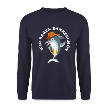 Dankeschön, Delphin, Bier, Spruch, Cartoon, Lustig - Unisex Pullover - Navy - Vorne - Alina (178cm) & Michal (187cm)