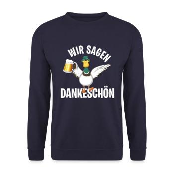 Dankeschön, Ente, Bier, Spruch, Cartoon, Lustig - Unisex Pullover - Navy - Vorne - Alina (178cm) & Michal (187cm)
