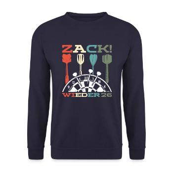 Zack wieder 26, Dartspieler Outfit, Geschenkidee - Unisex Pullover - Navy - Vorne - Alina (178cm) & Michal (187cm)